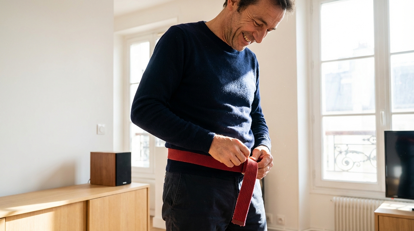 Il suffit de décaler sa ceinture tressée de quelques centimètres pour transformer une tenue banale